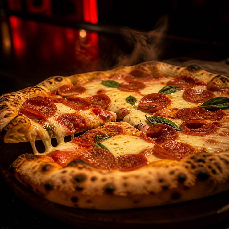 Pizza artesanal com queijo derretido, saindo do forno